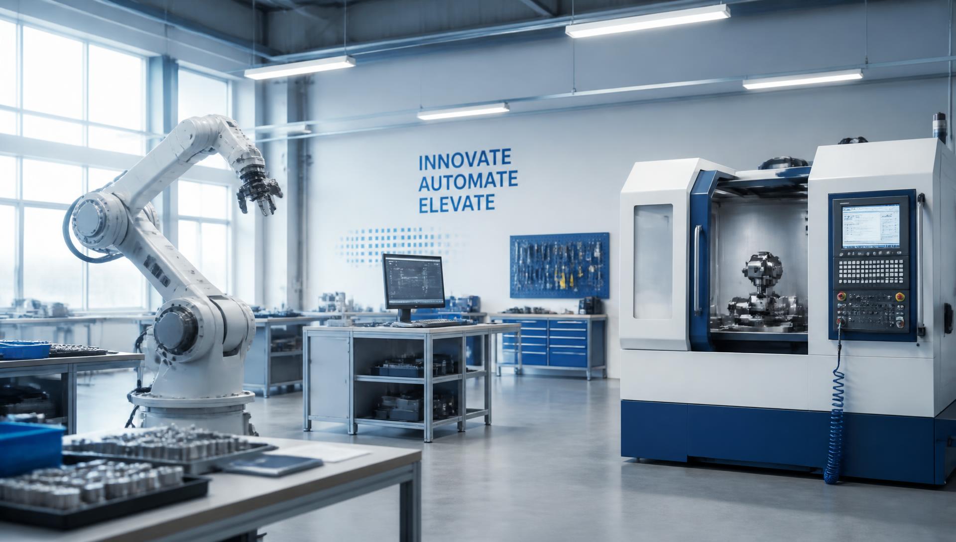 Ipari automatizálási műhely robotkarral és CNC géppel